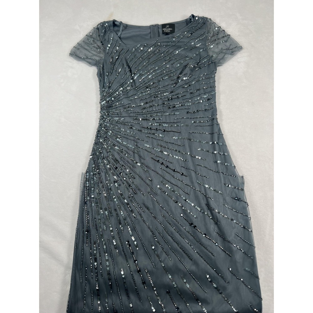 Adrianna Papell Dress Womens 4 Gray Sequinโ Beaded Mesh Evening Formal Gown